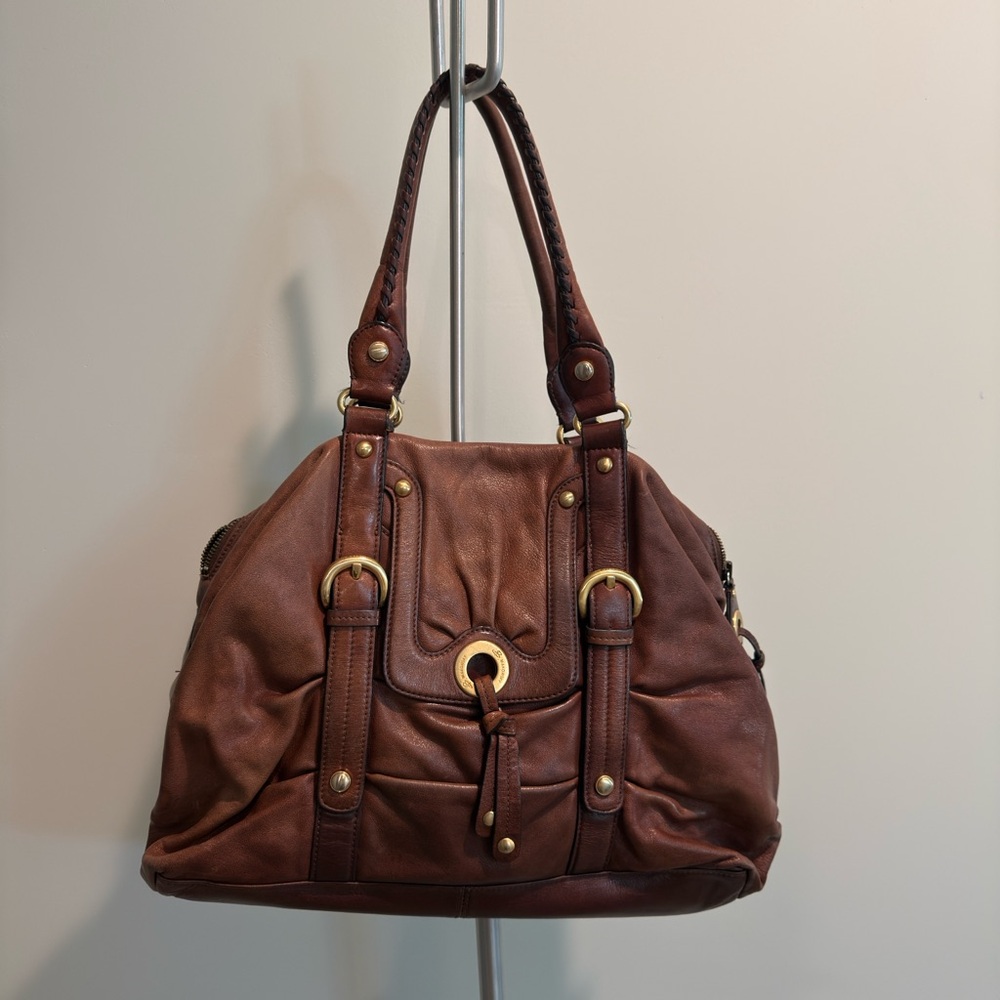 B. Makowsky brown leather shoulder bag with gold-tone hardware